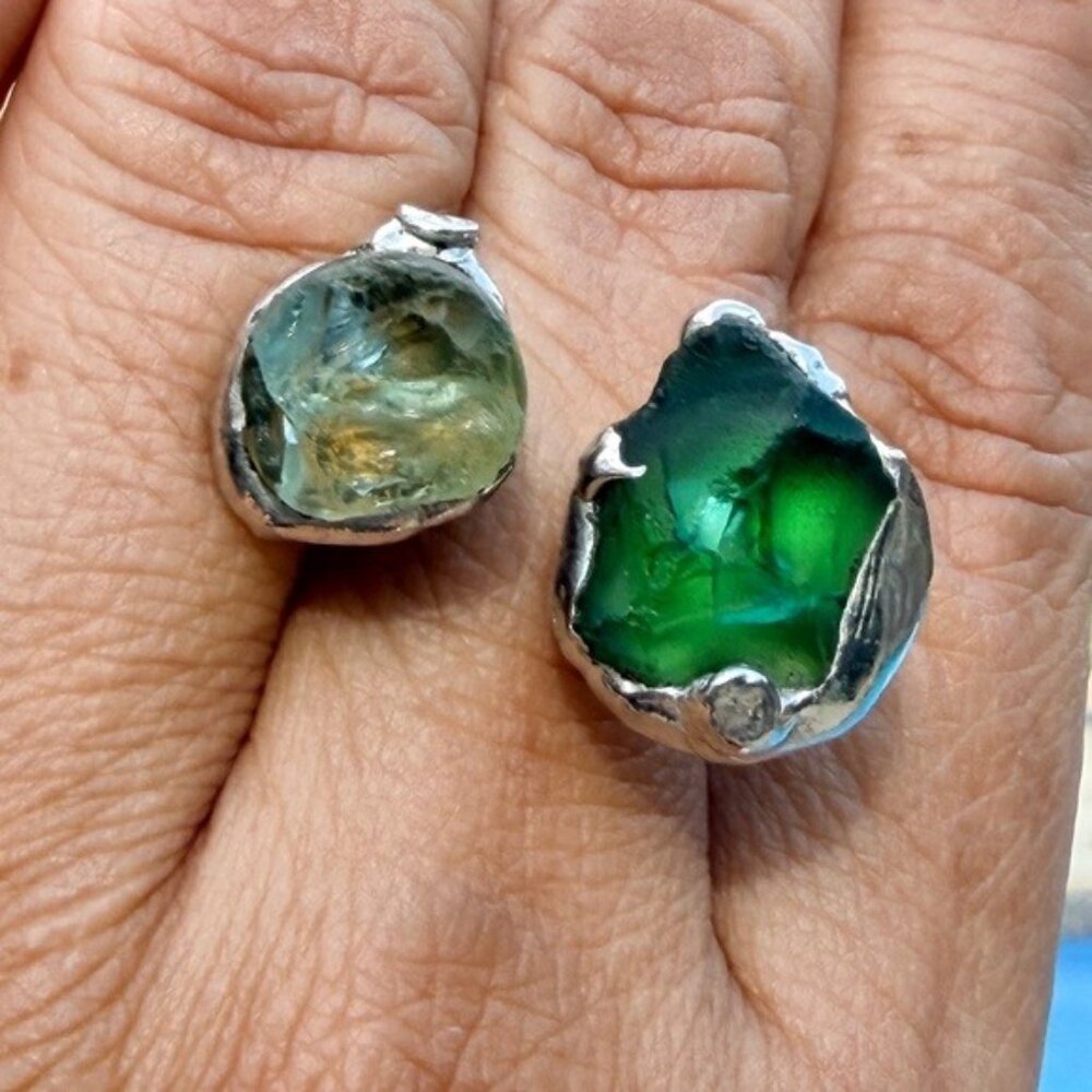 Sea Glass Balance Ring With Upcycled Silver Spoon Band Artisan Crafted Adjust.